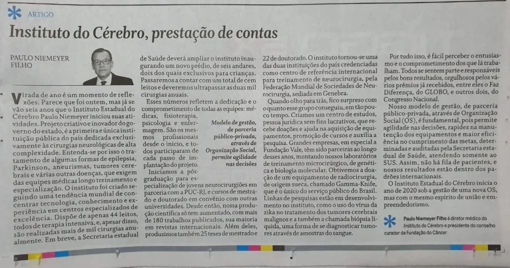 Prof. Paulo Niemeyer publica prestação de contas do Instituto do Cérebro